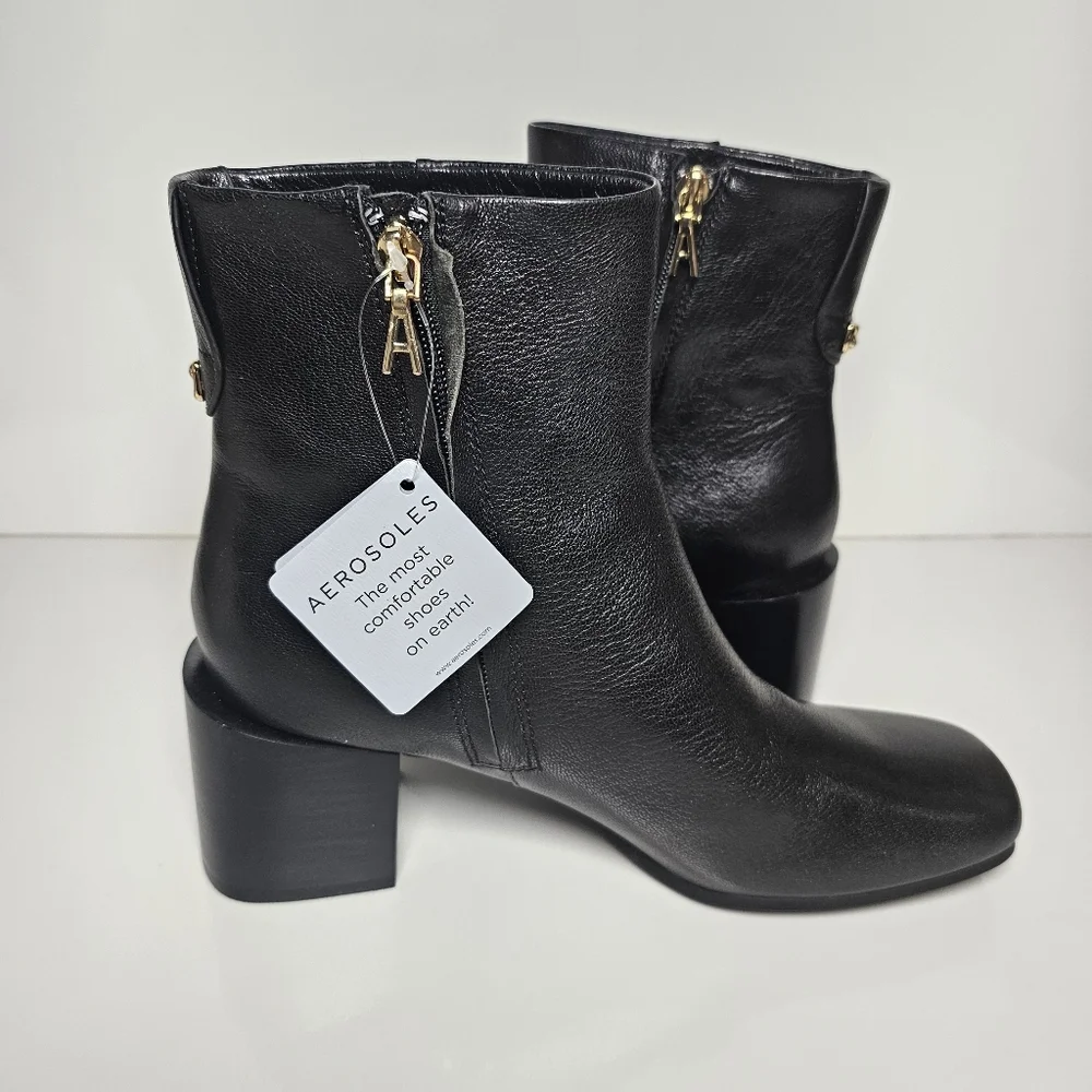 Aerosoles Ortona Black Leather Square Toe Bootie Size 10.5 NWT